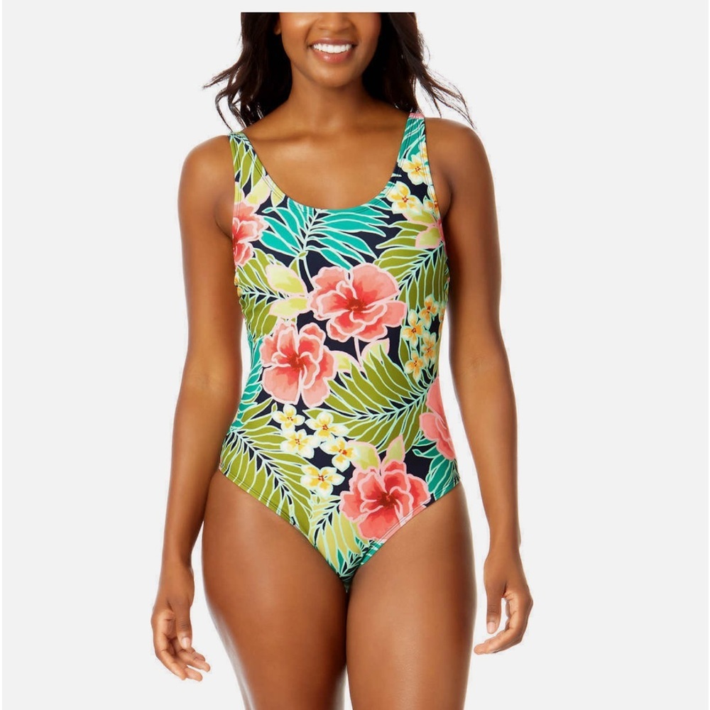 Hurley Floral One-Piece Swimsuit in Green, Coral, Yellow, Navy